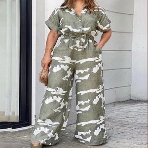 PLUS SIZE PRINT SHORT SLEEVE WIDE LEG LOOSE JUMPSUIT